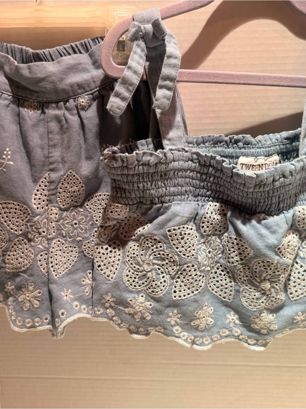 Twenty Blue Embroidered Cotton Bib Top with Cutwork Floral Details